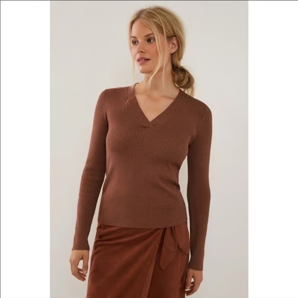 Anthropologie Sweaters - Anthropologie Maeve Sz XL Thea Brown Gold Metallic V Neck Sweater